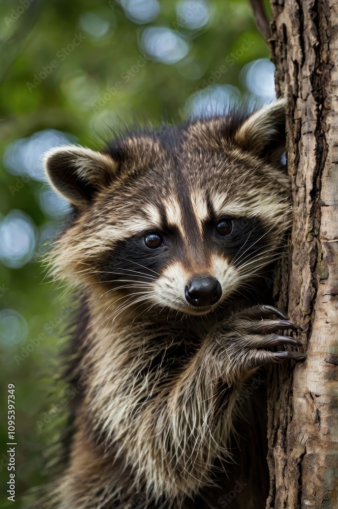 Raccoon is peeking out from behind a tree trunk Raccoon is peeking out from behind a tree trunk