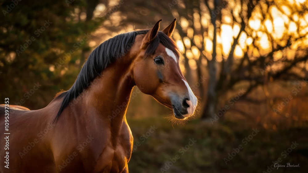 Fototapeta premium Horse in Golden Hour: A majestic bay horse with a striking white blaze stands in a field bathed in the warm glow of the setting sun, its mane flowing in the gentle breeze.
