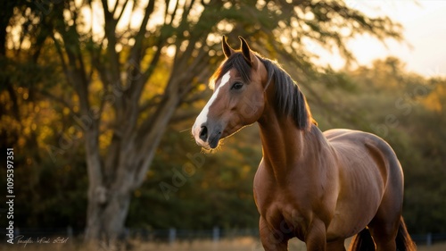 Golden Hour Stallion: A majestic chestnut horse stands bathed in the warm glow of the setting sun, its mane flowing in the gentle breeze, creating a captivating portrait of grace and beauty.  photo