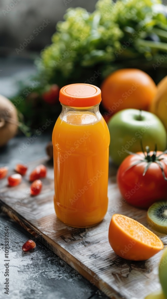 Bottle of orange juice surrounded by fresh fruits on a rustic wooden table, with blurred greenery in the background. Healthy lifestyle concept.