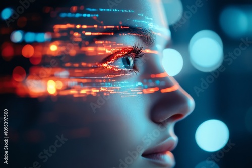 A close-up profile of a person's face intertwined with digital data streams, symbolizing the fusion of human identity and technology in an abstract visual style. photo