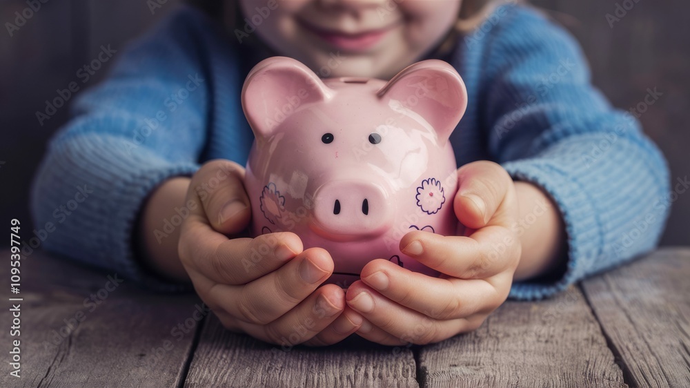 Little Hands, Big Dreams: A child's hands cradle a pink piggy bank, symbolizing the hopeful and inspiring journey of saving and financial responsibility. Little Hands, Big Dreams: A child's hands cradle a pink piggy bank, symbolizing the hopeful and inspiring journey of saving and financial responsibility.