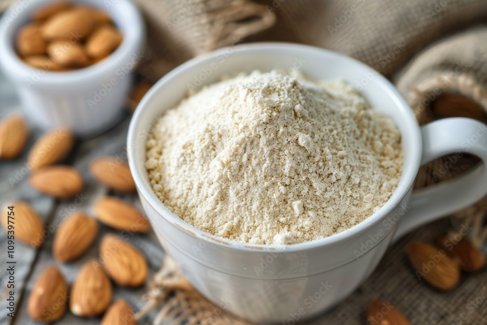 Almond flour in a white ceramic mug, sackcloth and almonds on wooden table, gluten free baking concept Almond flour in a white ceramic mug, sackcloth and almonds on wooden table, gluten free baking concept