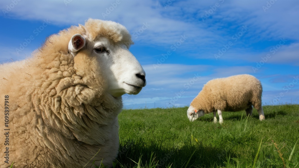 Obraz premium A peaceful scene of sheep and lambs grazing in a green meadow on a farm during spring