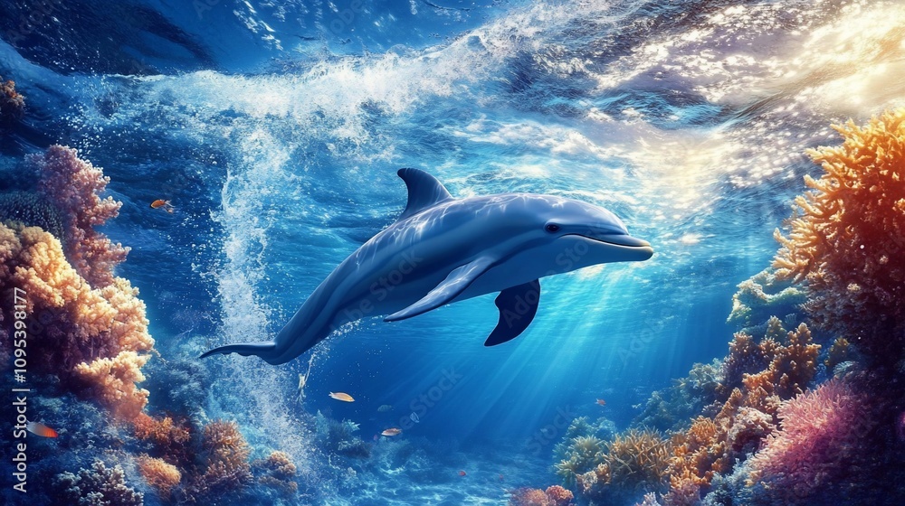 Obraz premium Dolphin swimming in vibrant coral reef.