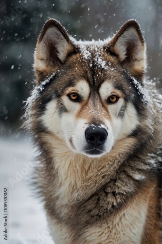 Dog with a brown and white coat is standing in the snow