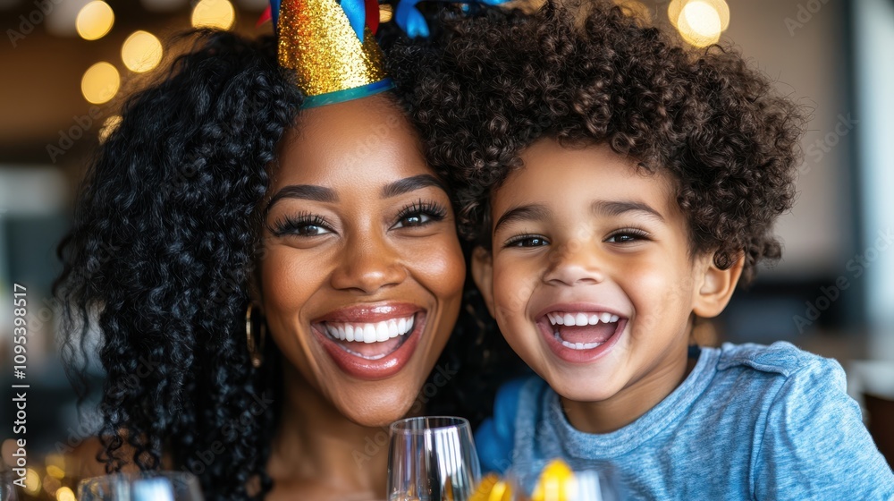 A mother and son enjoy a celebration, both laughing joyously, as the mother wears a colorful party hat, creating a vibrant, cheerful scene filled with happiness. A mother and son enjoy a celebration, both laughing joyously, as the mother wears a colorful party hat, creating a vibrant, cheerful scene filled with happiness.