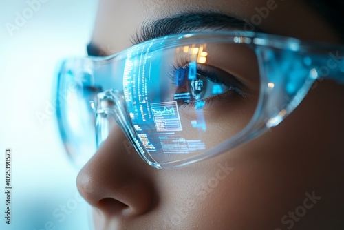 The close-up of high-tech augmented reality glasses with digital interfaces reflecting data displays, showcasing innovation and technology in future tech development. photo