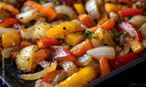 sautéed onions, carrots, and peppers with an adjacent space for recipe text or nutritional information