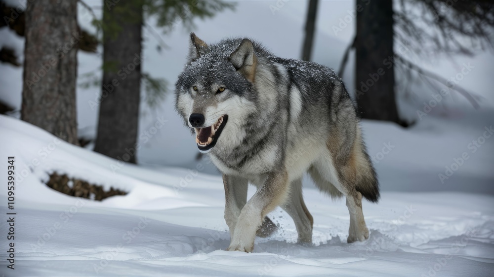 Fototapeta premium Wolf in Winter Wonderland: A majestic grey wolf prowls through a snowy forest, its piercing gaze and powerful stride captivating the viewer in a moment of untamed wilderness. 