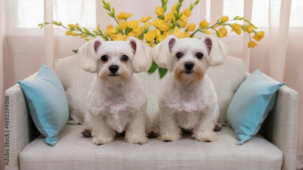 Two White Dogs Sitting on a Sofa: A charming photo of two white dogs sitting on a sofa, their tails wagging with joy, capturing the pure love and companionship shared between furry friends. Two White Dogs Sitting on a Sofa: A charming photo of two white dogs sitting on a sofa, their tails wagging with joy, capturing the pure love and companionship shared between furry friends.