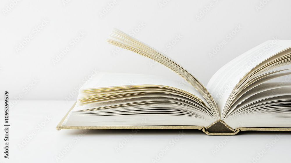 Open book with pages turning, placed on a clean white desk, soft natural light creating a peaceful atmosphere that emphasizes knowledge and simplicity Open book with pages turning, placed on a clean white desk, soft natural light creating a peaceful atmosphere that emphasizes knowledge and simplicity