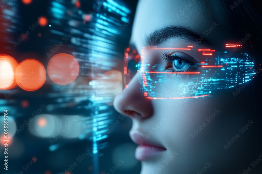 A woman's profile is seen wearing advanced augmented reality glasses, immersed in a visual digital interface with data streaming, embodying future tech immersion. A woman's profile is seen wearing advanced augmented reality glasses, immersed in a visual digital interface with data streaming, embodying future tech immersion.
