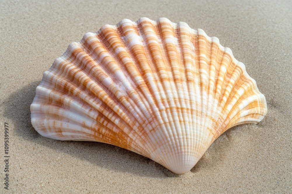 Bright orange and white scallop shell resting on sandy beach at sunset during coastal exploration Bright orange and white scallop shell resting on sandy beach at sunset during coastal exploration