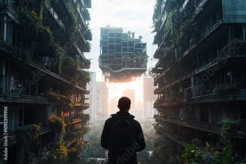 A lone hiker stands between overgrown buildings, gazing towards a mystical floating structure against the backdrop of a futuristic, green city at sunrise. photo