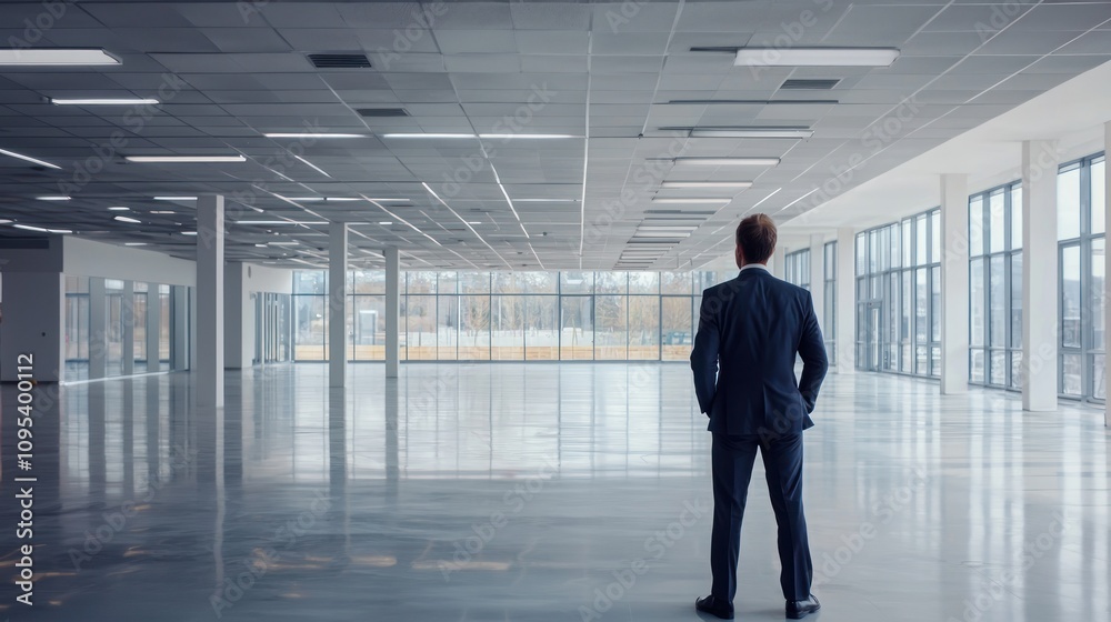 A businessman inspecting an empty commercial space for lease or sale, his back to the camera as he considers the property. A businessman inspecting an empty commercial space for lease or sale, his back to the camera as he considers the property.