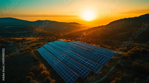 Panel produces green, environmentaly friendly energy from the setting sun. Aerial view from drone. Landscape picture of a solar plant that is located inside a valley photo