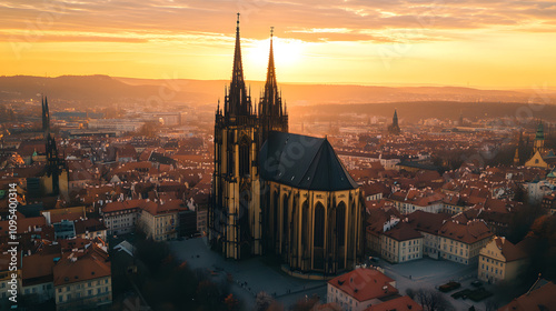 high altitude drone view to the cathedral of st. peter and paul, brno, czech republic highlighted by white, cinematic, png