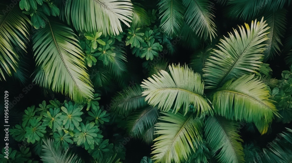 Lush Tropical Paradise: An Aerial View of Verdant Palm Fronds and Exotic Foliage Lush Tropical Paradise: An Aerial View of Verdant Palm Fronds and Exotic Foliage