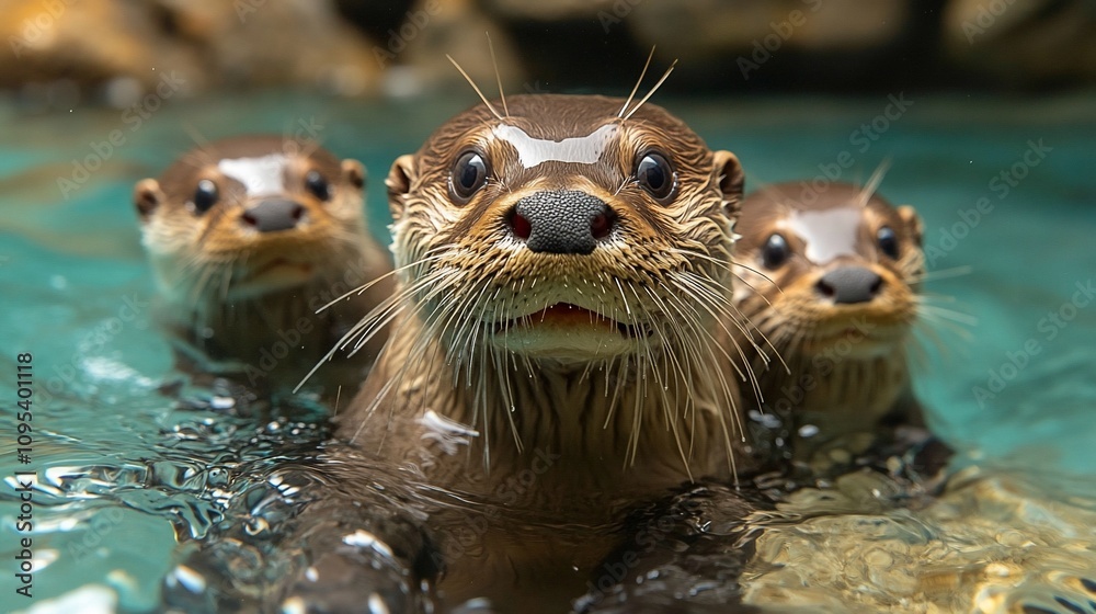 Three adorable otters swimming in clear water, looking directly at the camera. Three adorable otters swimming in clear water, looking directly at the camera.
