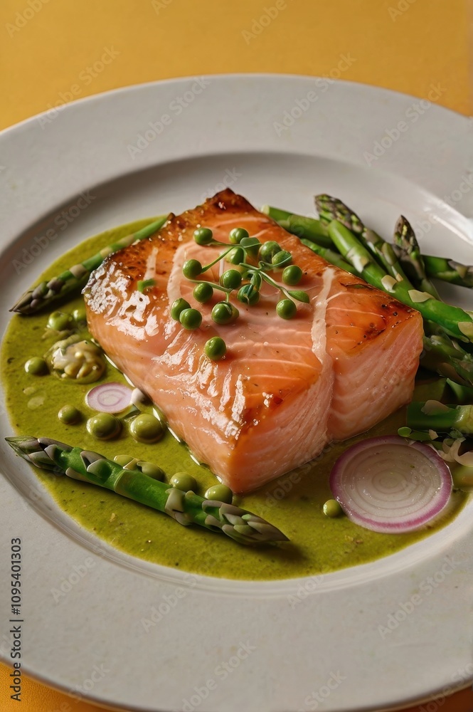 Piece of salmon with peas and onions on top Piece of salmon with peas and onions on top