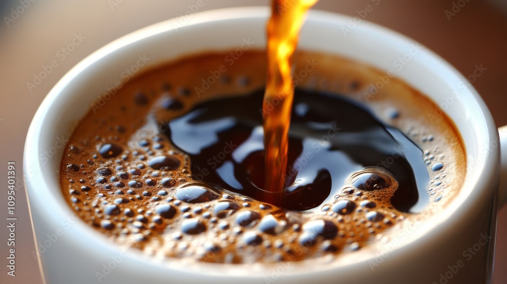 Dark coffee pouring into a white cup Dark coffee pouring into a white cup