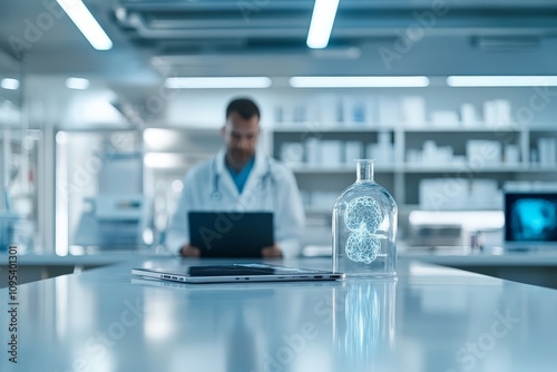 A scientist in a high-tech laboratory examines a digital display of a brain model, emphasizing innovation, research, and the intersection of technology and science. photo