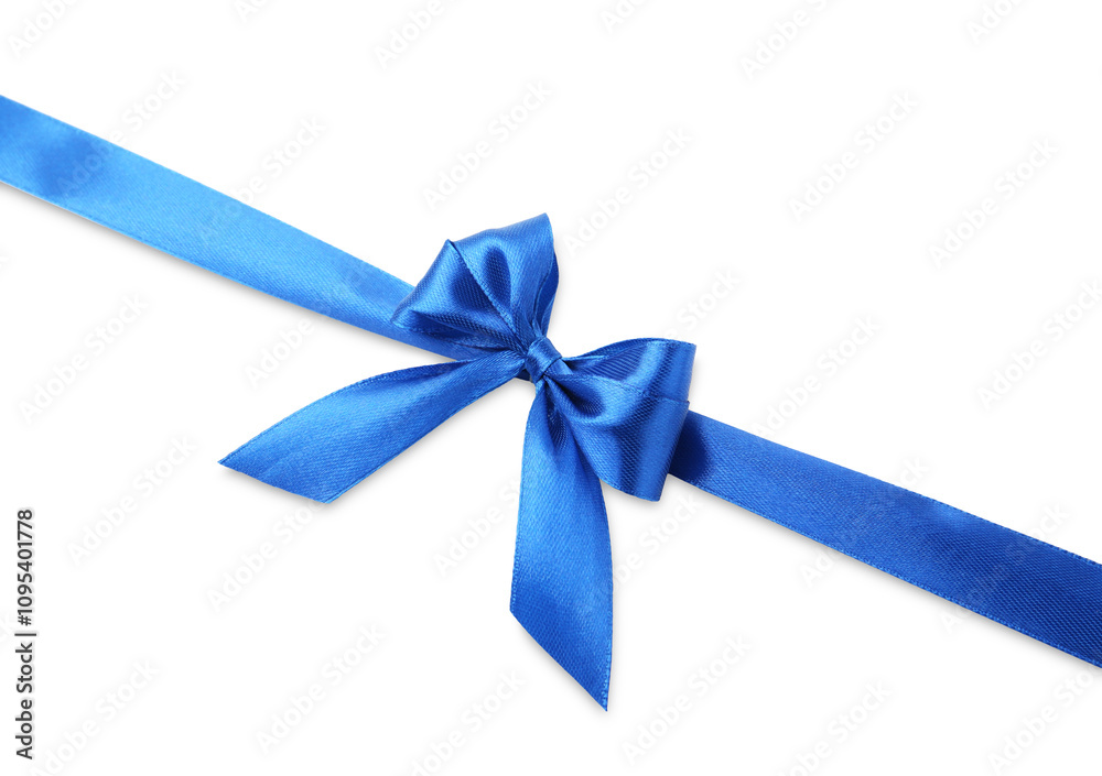 Beautiful blue ribbon with bow isolated on white, top view Beautiful blue ribbon with bow isolated on white, top view