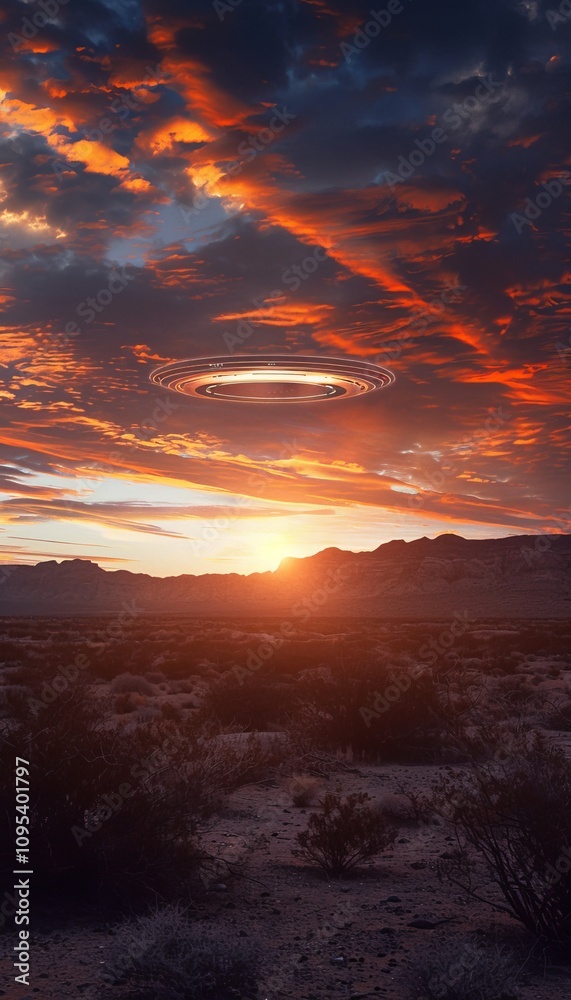 Obraz premium Captivating desert sunset with warm colors and mysterious ufo hovering in the background