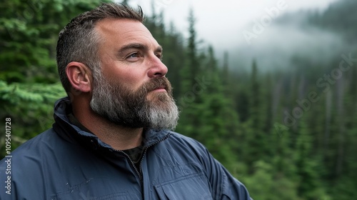 Contemplative Man in Misty Forest Setting