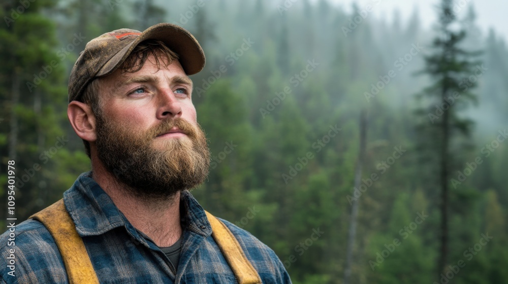 Thoughtful Lumberjack in Lush Forest Landscape Thoughtful Lumberjack in Lush Forest Landscape
