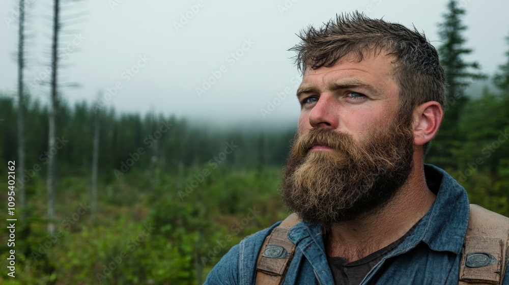 Pensive Man in Foggy Forest: Nature and Reflections Pensive Man in Foggy Forest: Nature and Reflections