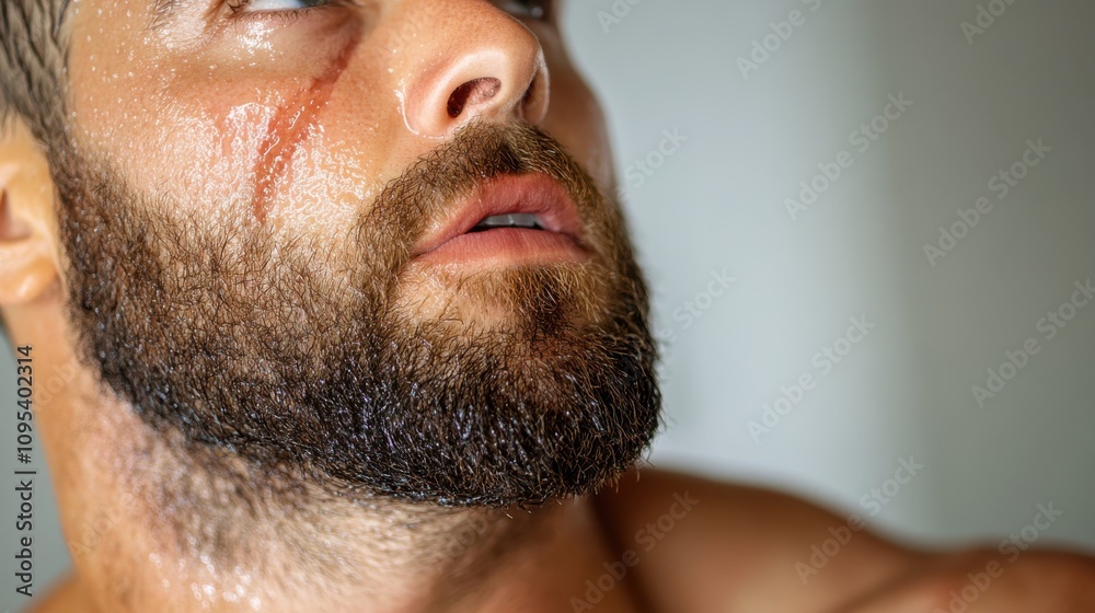 Fototapeta premium A sharp close-up of a bearded man with a serious and intense expression, showing details of stubble and glistening sweat indicative of an emotive moment.