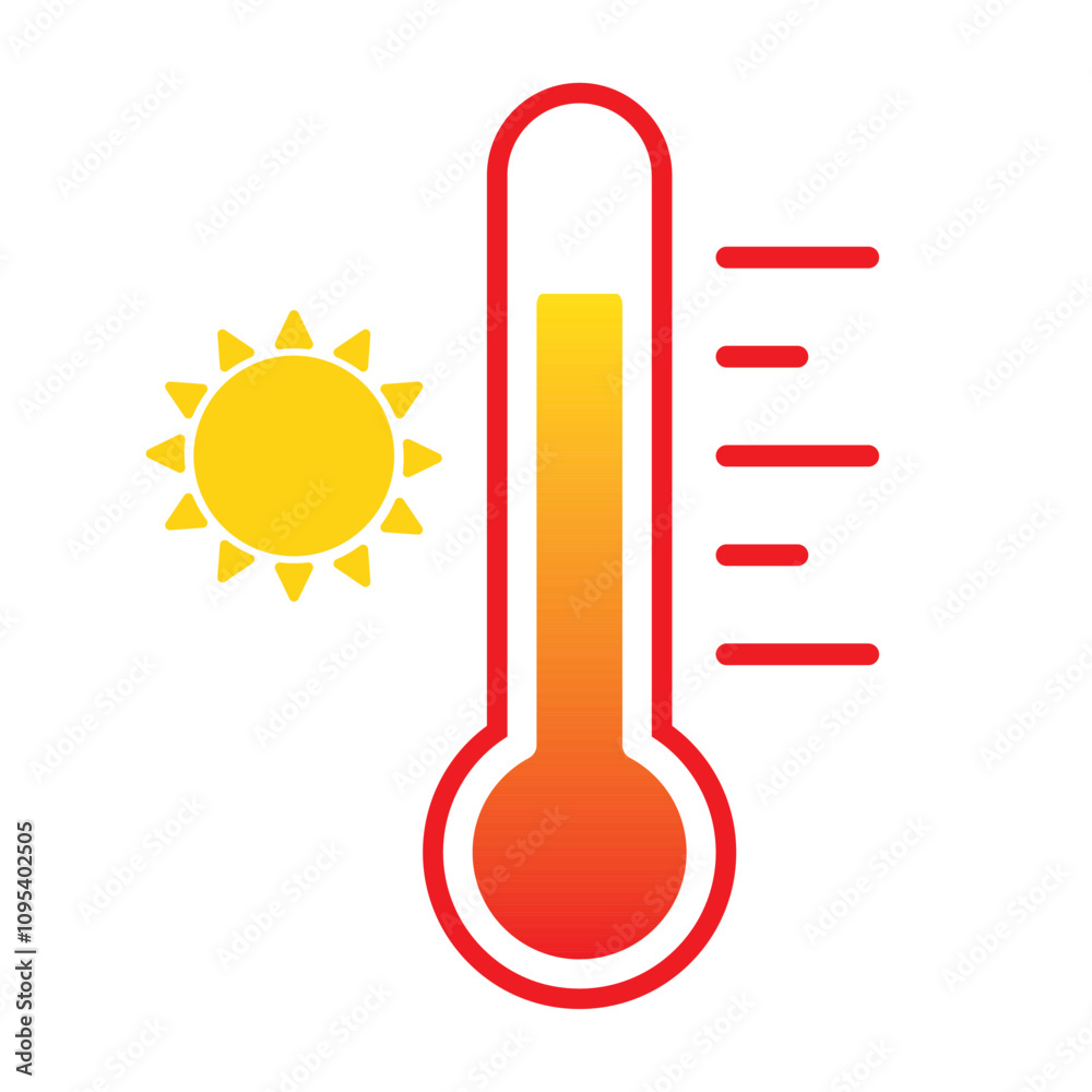 Thermometer reaching high temperatures. Temperature scale symbol, warm weather sign. Red thermometer with scale and sun icon flat style isolated on a white background vector illustration EPS 10. Thermometer reaching high temperatures. Temperature scale symbol, warm weather sign. Red thermometer with scale and sun icon flat style isolated on a white background vector illustration EPS 10.