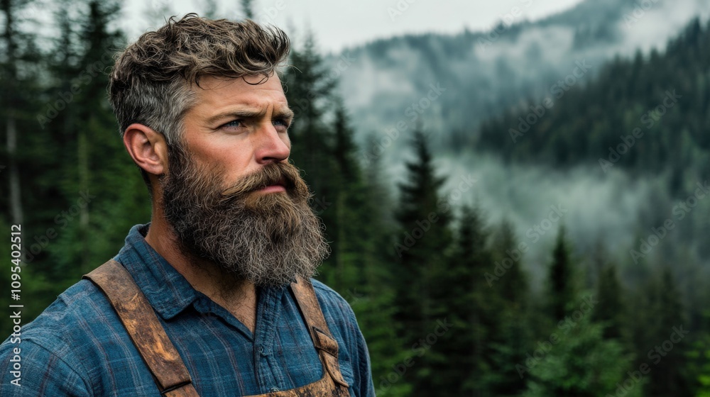 Thoughtful Bearded Man in Lush Green Forest Under Misty Mountains Thoughtful Bearded Man in Lush Green Forest Under Misty Mountains