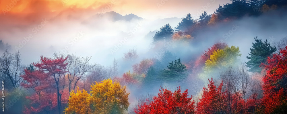 custom made wallpaper toronto digitalA breathtaking autumn landscape with a misty forest bathed in the warm glow of a sunrise. The vibrant colors of the fall foliage create a stunning contrast against the foggy backdrop.