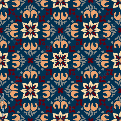 Vector seamless pattern in ethnic folk style. Abstract floral geometric ornament with indian, mughal, oriental, indonesian, islamic, mexican motifs. Colorful background texture. Repeated geo design