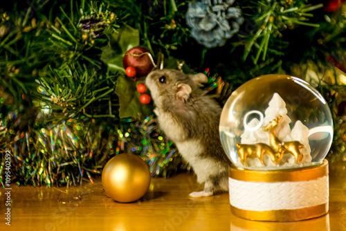 hamster domestic pet near in a christmas tree with decorations and snow globe