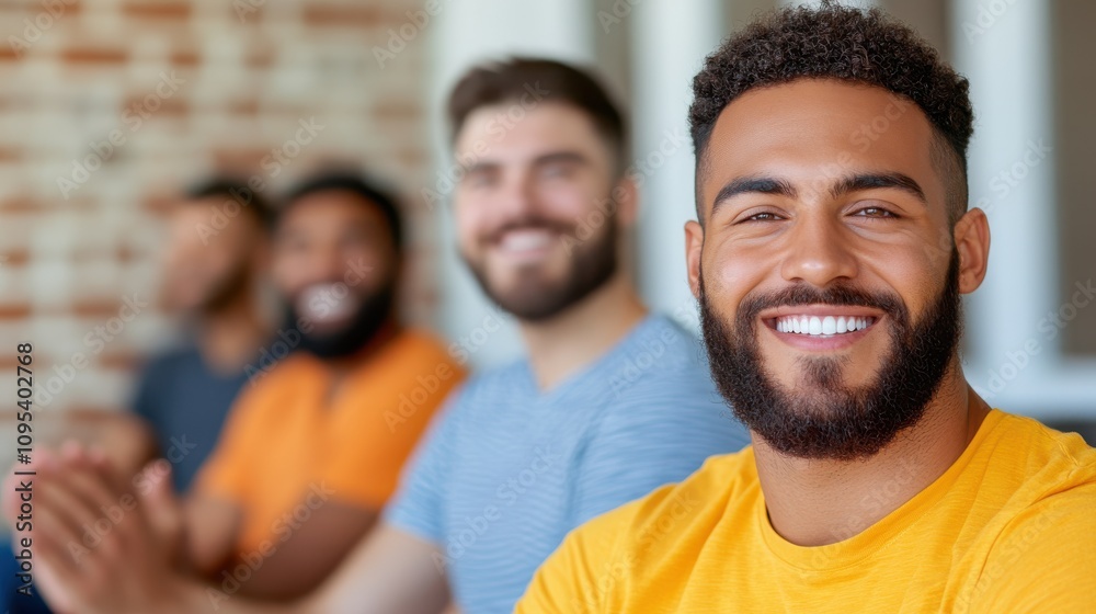 Fototapeta premium A diverse group of cheerful men of varying ethnicities sits closely together, embodying unity and friendship as they smile warmly in a sunlit room.