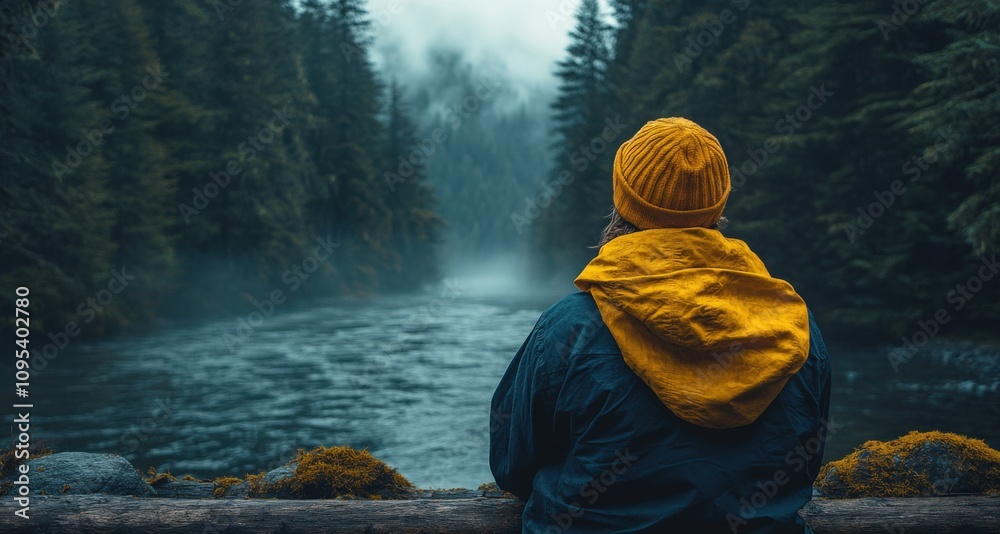 Contemplative Moment by the Serene Forest River Contemplative Moment by the Serene Forest River