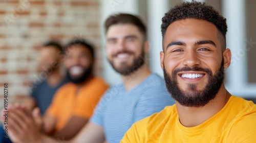 A diverse group of cheerful men of varying ethnicities sits closely together, embodying unity and friendship as they smile warmly in a sunlit room.