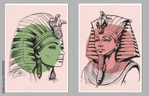 A set of hand-drawn illustrations featuring ancient Egyptian figures in traditional attire, abstract style with colorful geometric elements. Tempura design for print, canvas, poster