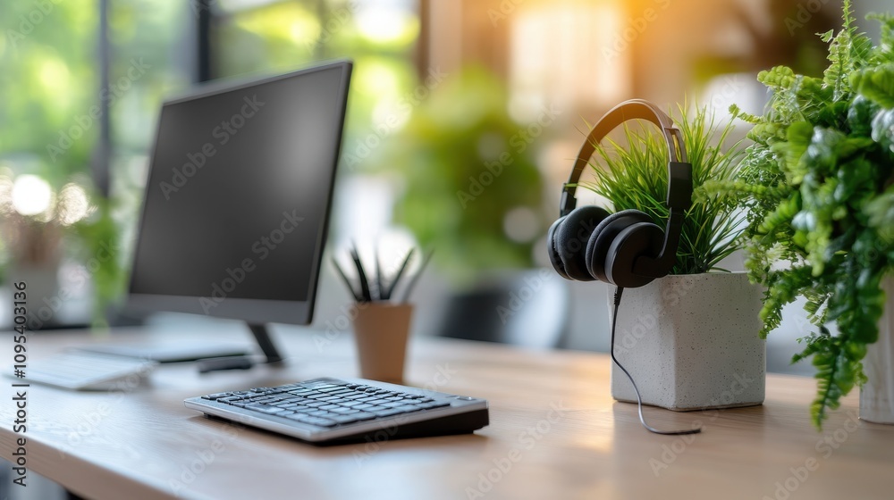A sleek office setup showcasing a monitor, keyboard, and plant accessories on a stylish wooden desk, with headphones resting, signifying work and leisure mix. A sleek office setup showcasing a monitor, keyboard, and plant accessories on a stylish wooden desk, with headphones resting, signifying work and leisure mix.
