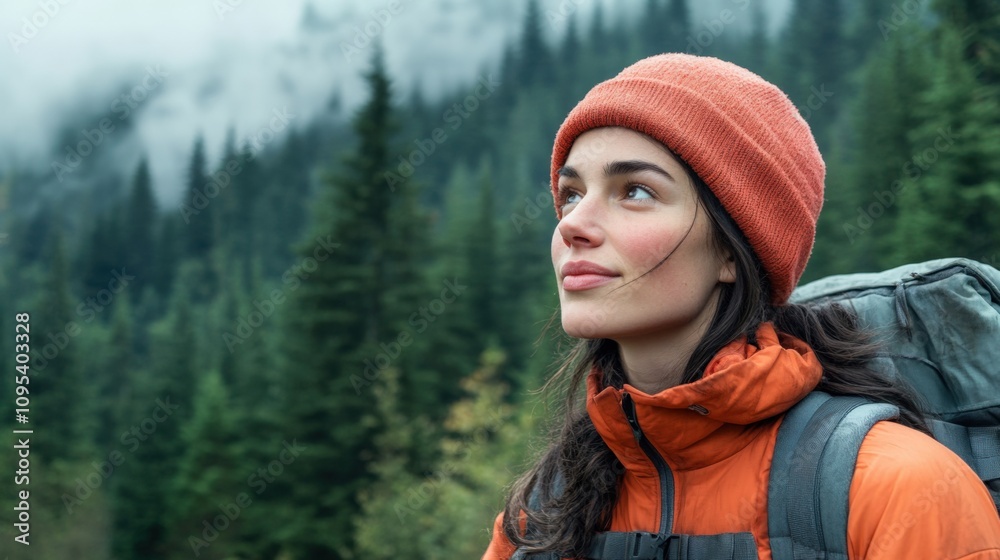 Contemplative Hiker Amidst Lush Evergreen Forests Contemplative Hiker Amidst Lush Evergreen Forests