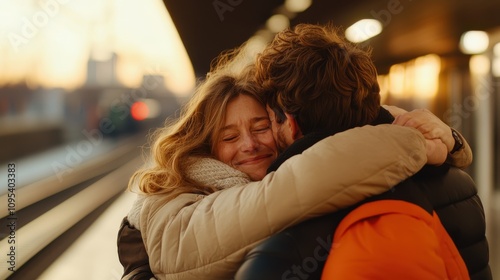 A couple embraces warmly on a train platform, the autumn sunset casting a golden glow. The atmosphere is filled with affection and nostalgia, capturing heartfelt goodbyes.