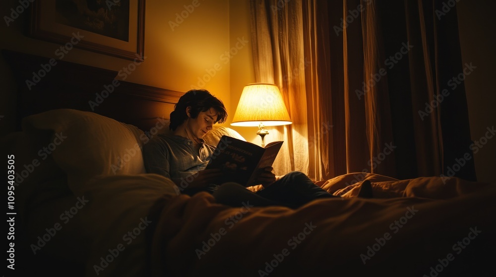 A Man Reading a Book in Bed Under a Lamp A Man Reading a Book in Bed Under a Lamp