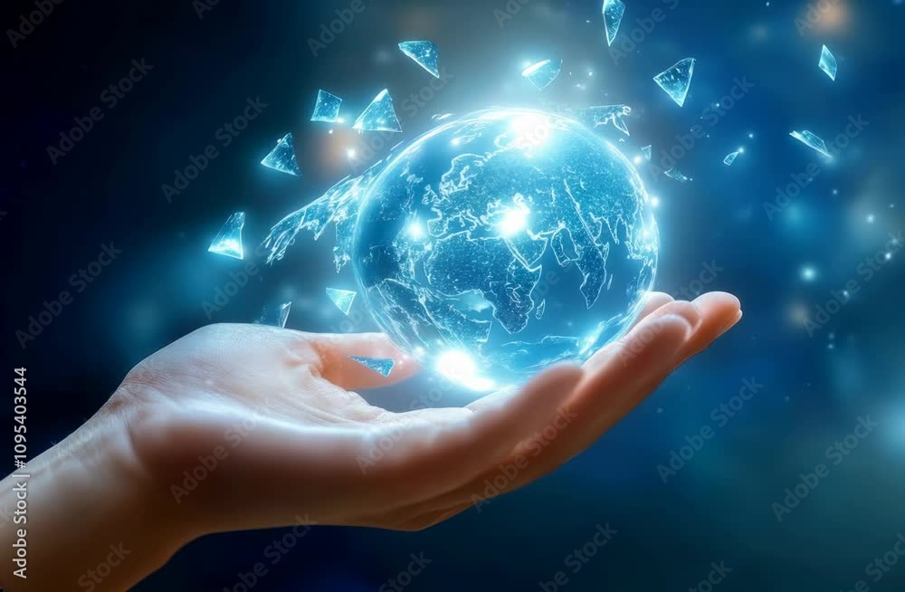 Vibrant, glowing futuristic Earth held in a hand, encapsulating hope, sustainability, and the digital future of global care Vibrant, glowing futuristic Earth held in a hand, encapsulating hope, sustainability, and the digital future of global care