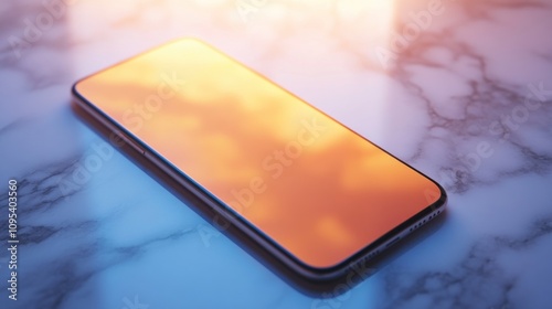 Smartphone Laying on a Marble Surface with a Blurred Sunset Reflection on the Screen