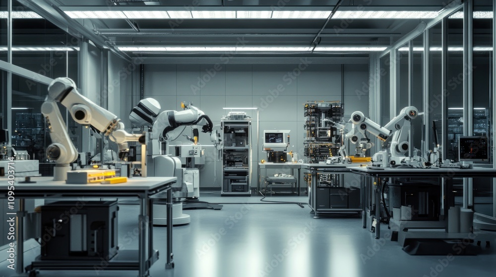 A modern robotics lab with multiple robotic arms and workstations for automation tasks. A modern robotics lab with multiple robotic arms and workstations for automation tasks.