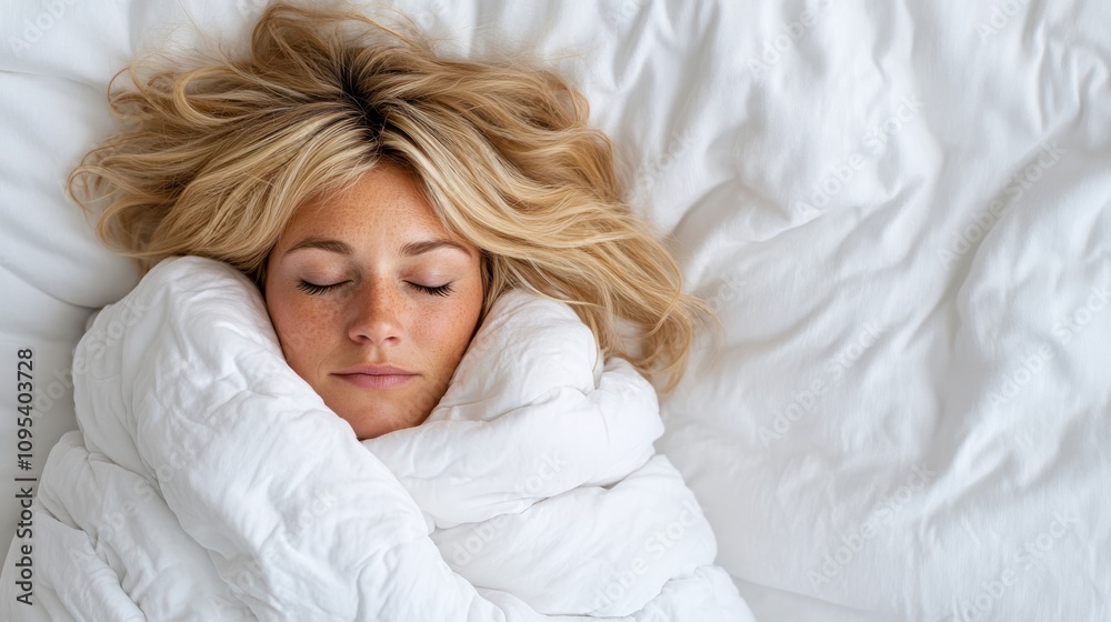 A woman with soft blonde hair is peacefully asleep, wrapped entirely in a fluffy white comforter. The image evokes comfort, serenity, and tranquility.